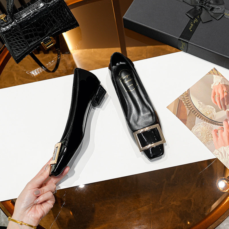 Square Buckle Flats Patent Leather Square Toe Low-cut Shoes