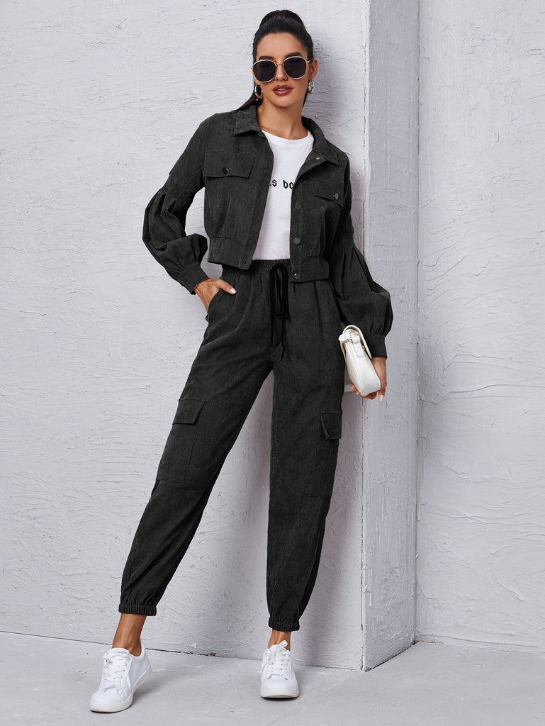 Flap Detail Jacket With Tie Front Cargo Pants