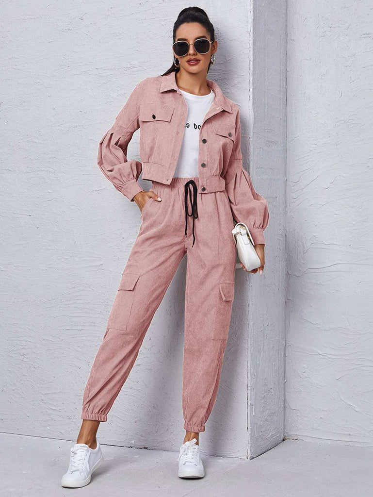 Flap Detail Jacket With Tie Front Cargo Pants