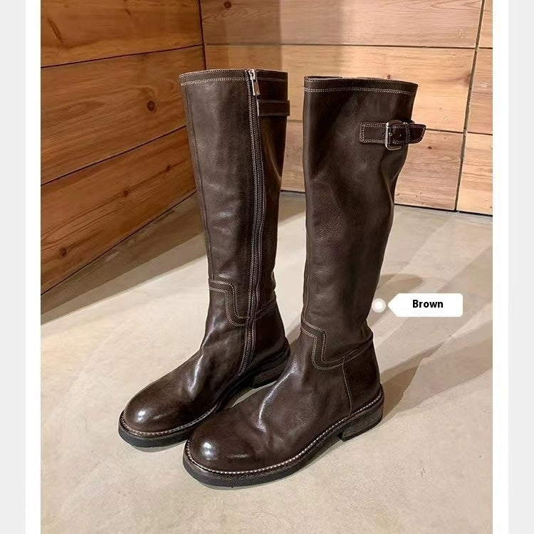 Washed Horse Leather Belt Buckle Thick Bottom Thigh High Boots Women