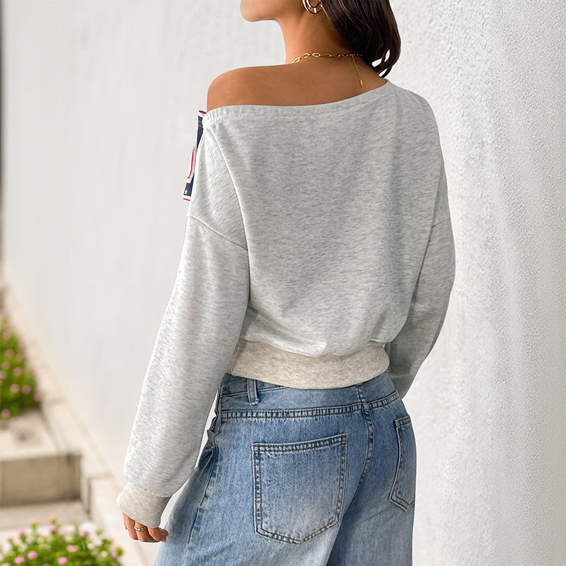 Letter Print Diagonal Collar Short Navel Women's Top