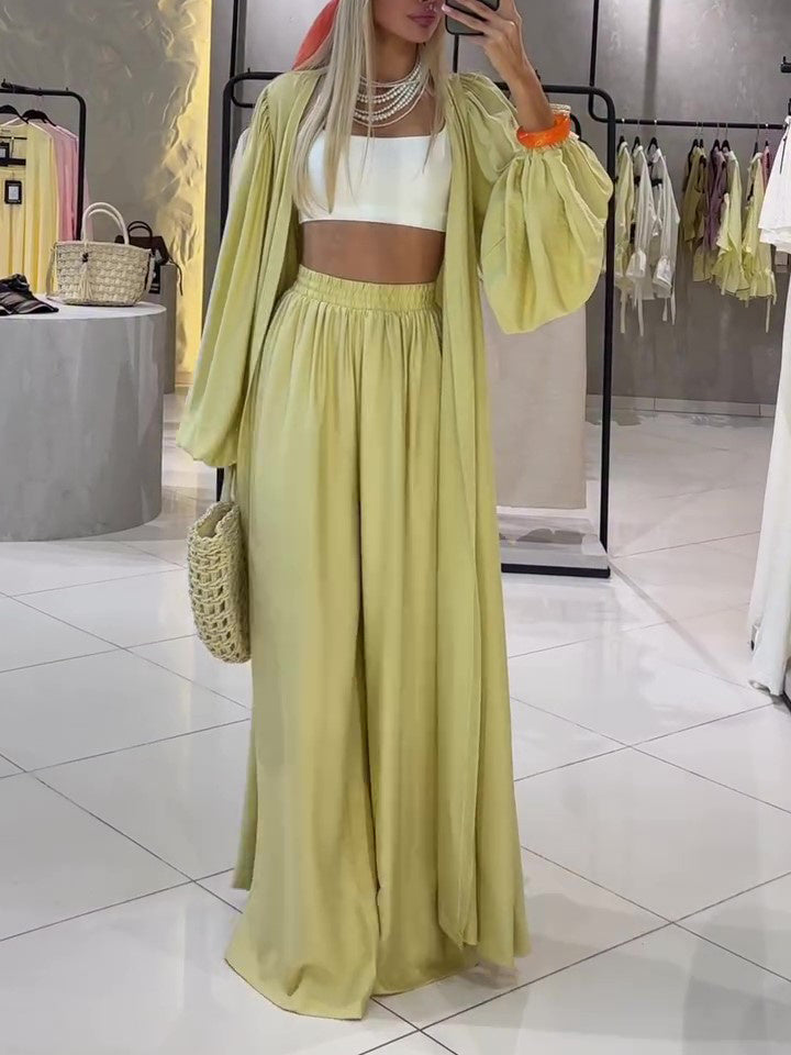 Solid Color Long Sleeve Cardigan & Elastic Waist Pants Set