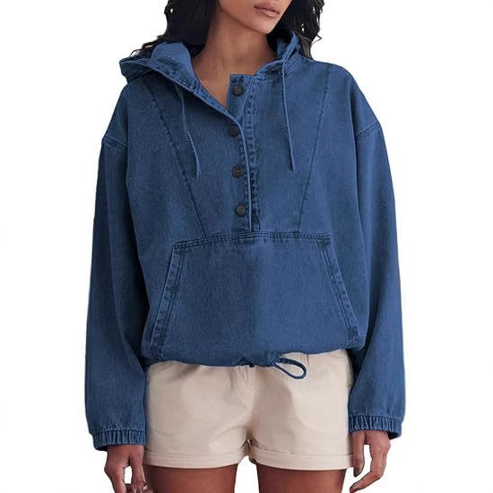 Women's Fashion Denim Hoodie Button Pullover Jacket
