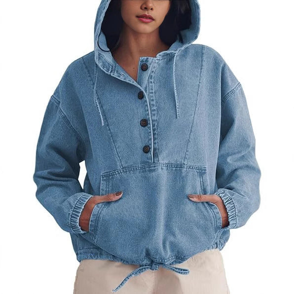 Women's Fashion Denim Hoodie Button Pullover Jacket