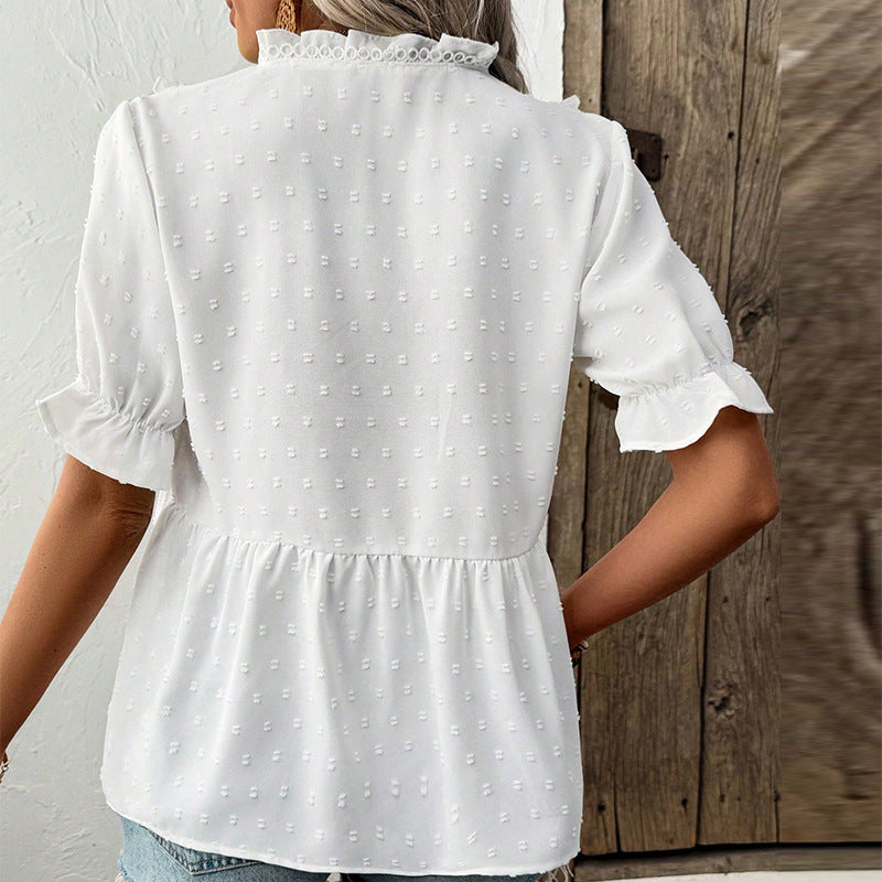 Women's Cut Flower Fur Ball Short-sleeved Lace Shirt