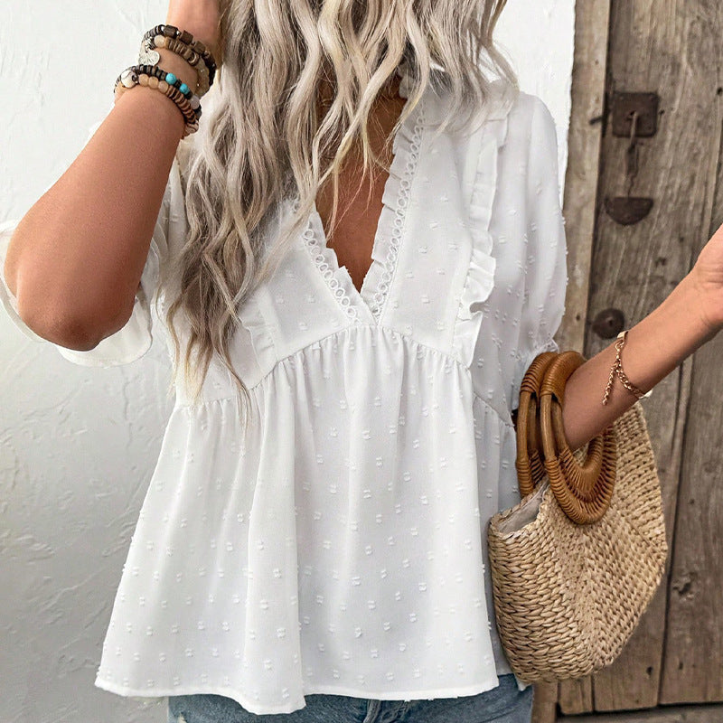 Women's Cut Flower Fur Ball Short-sleeved Lace Shirt