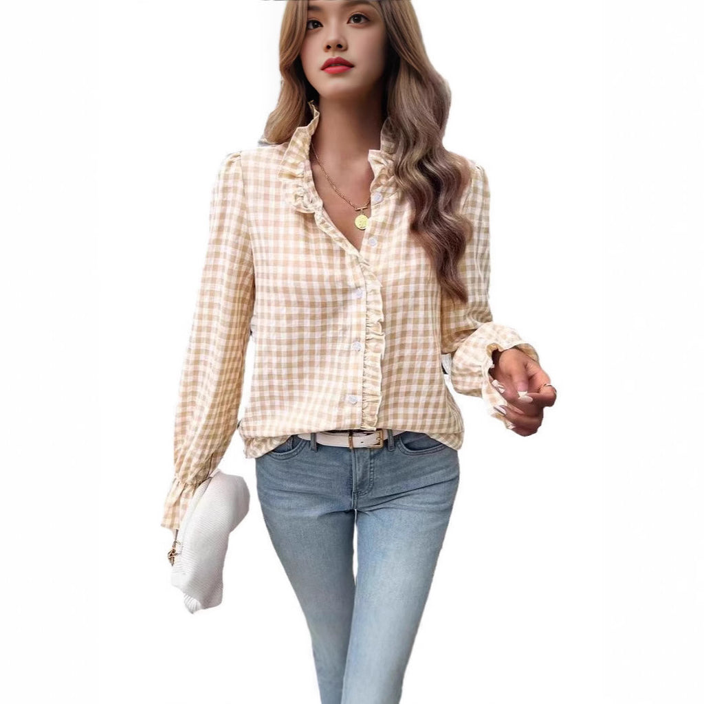 Women's French-style Plaid Shirt With Wooden Ears