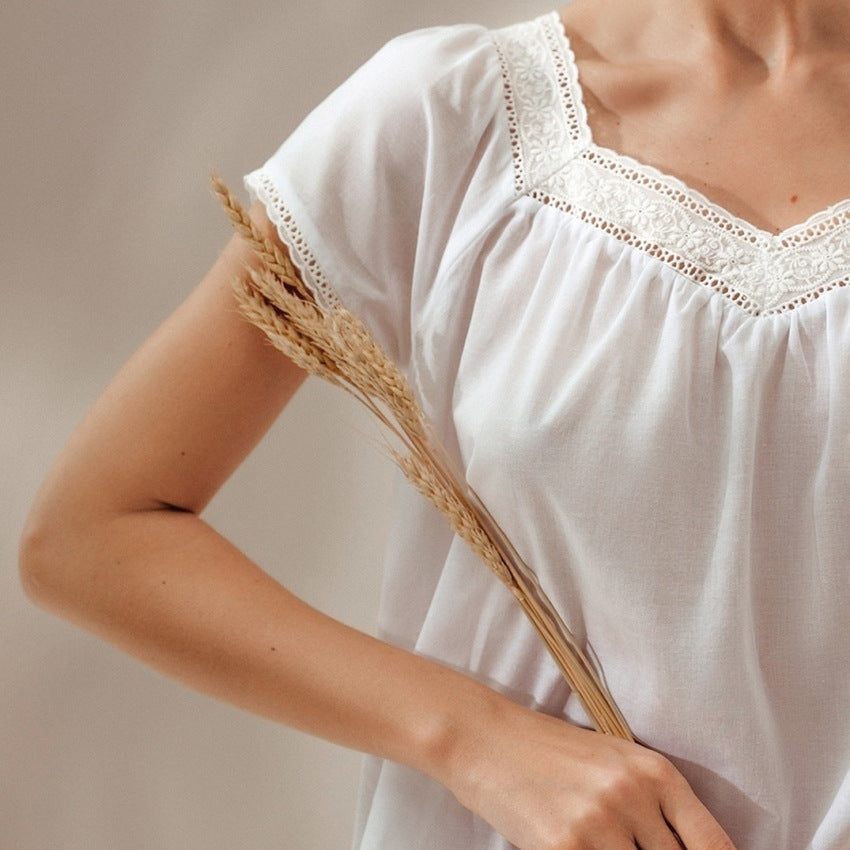 Autumn White Breathable Cotton Lace Nightdress