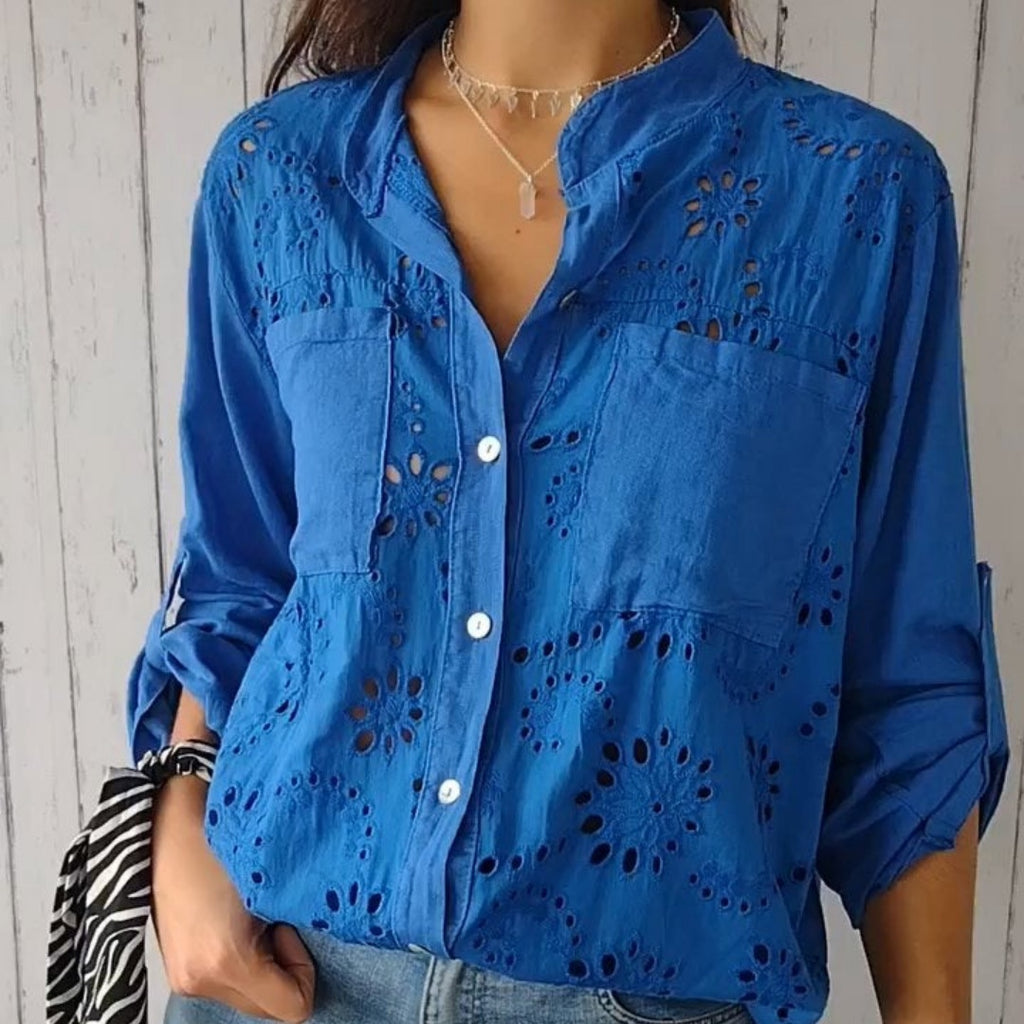 Women's Casual Hollow-out Design Pocket Long Sleeve Button-down Shirt