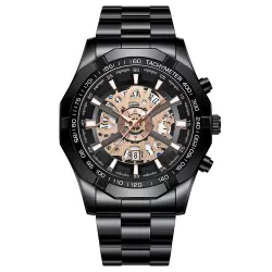 BINBOND S033 Hollowed Mechanical 30m Waterproof Luminous Quartz Watch Black Steel-Black-Rose Gold