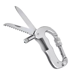 Heavy Duty D Shape Carabiner Clip-On Clamp Key Chain Hook with Dual Knife and LED Torch