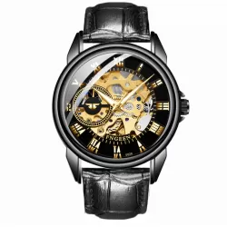 FNGEEN 0020 Men And Women Automatic Mechanical Watch Double-sided Hollow Business Watch All Black Leather Golden Nails