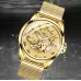 FNGEEN 0020 Men And Women Automatic Mechanical Watch Double-sided Hollow Business Watch All Black Leather Golden Nails