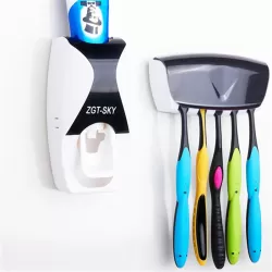 Automatic Toothpaste Dispenser Set with 5 Toothbrush Holder Black