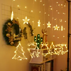 LED Curtain Lights Christmas Decoration Bell And Deer String Lights Battery Box with RC Warm White Light