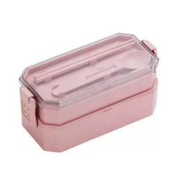 Double-layer Lunch Box Plastic Microwaveable Student Lunch Box Cutlery set Pink