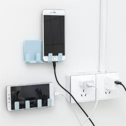 Practical Wall Sticking Phone Charging Holder Socket Strong Sticky Adhesive Sopport Rack Shelf With Hooks Blue