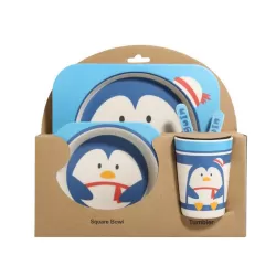 Baby Dish Tableware Set Cartoon Fork Feeding Dishes for Kids Utensils Natural Bamboo Fiber Bowl With Cup Spoon Plate Penguin