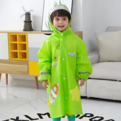Large Hat Brim Cartoon Print Children Raincoat with Schoolbag Seat Green