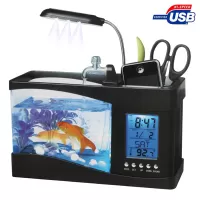 USB Desktop Aquarium Mini Fish Tank with Running Water and 6 LED Light LCD Clock Display with Calendar Time and Alarm