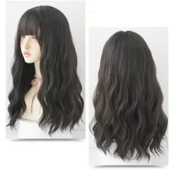 Ladies Long Hair Slightly Curly Wig Natural Fluffy Hair Cover Dark Brown