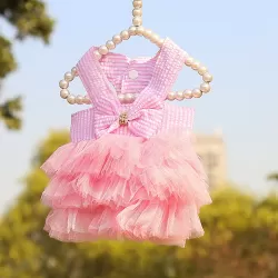 Pet Mesh Skirt Dress Dog Cat Clothes Suspenders Stripes Pink