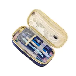 Angoo Cotton And Linen Large Capacity Pencil Stationery Bag Navy and Beige