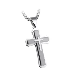 1213 Three Layer Cross Necklace Titanium Steel Men Necklace Steel Color Pendant and  Pearl Chain