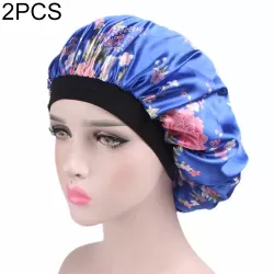 2 PCS Women Satin Night Sleep Cap Hair Bonnet Hat Silk Head Cover Wide Elastic Band Royal Blue Flower