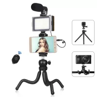 4 in 1 Vlogging Live Mini Octopus Bracket Kit Studio Light Microphone Phone Clamp Kits