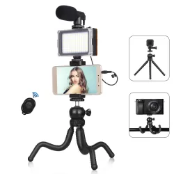 4 in 1 Vlogging Live Mini Octopus Bracket Kit Studio Light Microphone Phone Clamp Kits