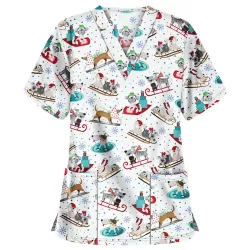 Christmas Print Short-sleeved Pocket T-shirt Nurse Uniform White S