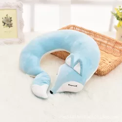 Lovely Fox Animal Cotton Plush U Shape Neck Pillow for Travel Car Plane Travel light blue