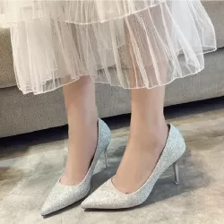 Women Shoes Shallow Glitter Frosted Stiletto Sliver