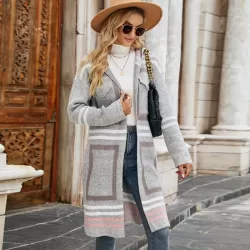 Female Windbreaker Jacket Striped Hooded Plaid Knit Cardigan Grey