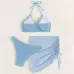 3 in 1 Set Sexy Backless Bikini Ladies Split Swimsuit with Short Skirt Blue