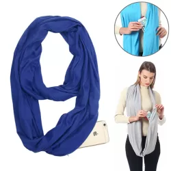 Women Solid Winter Infinity Scarf Pocket Loop Zipper Pocket Scarves Blue
