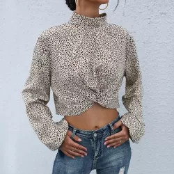 Crop Top Long Sleeve Pullover Turtleneck Leopard Shirt Khaki