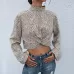 Crop Top Long Sleeve Pullover Turtleneck Leopard Shirt Khaki