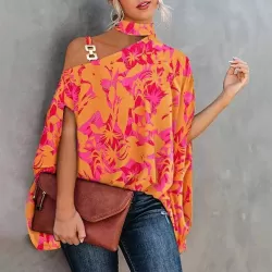 Summer Halter Hollow Batman Sleeve Stitching Printed Shirt Orange Flower