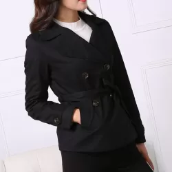 Large Lapel Double-breasted Short Slim Windbreaker Black