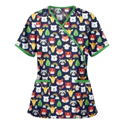 Printed V-neck Mid-length Nurse Uniform T-shirt Green