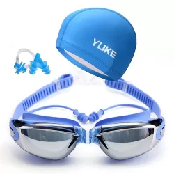 3 in 1 HD Waterproof and Anti-fog Large Frame Siamese Earplugs Swimming Goggles Swimming Cap Nose Clip Set for Men and Women Blue