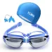 3 in 1 HD Waterproof and Anti-fog Large Frame Siamese Earplugs Swimming Goggles Swimming Cap Nose Clip Set for Men and Women Blue