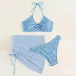 3 in 1 Set Sexy Backless Bikini Ladies Split Swimsuit with Short Skirt Blue
