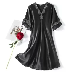 Scalloped Edge V-Neck Mid Sleeve Loose Women Nightdress