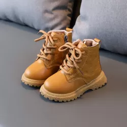 Children Martin Boots Padded Warm Leather Boots Simple Cotton Shoes Yellow