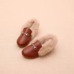 PU Leather And Cashmere Warm Single Shoes Casual Shoes for Girls Brown