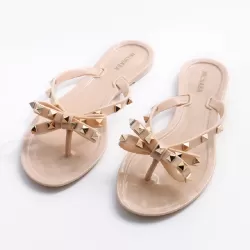 Women Flip-flops Rhinestones Bow Slip-on Flat Sandals Apricot