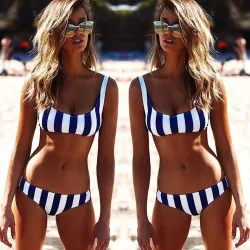 Ladies Sexy High Waist Striped Bikini Suit Swimsuit